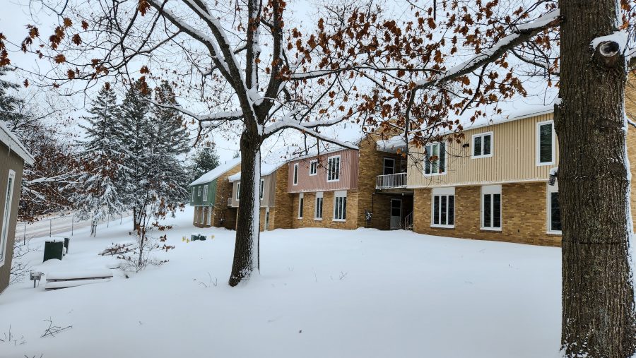 A snowy residential complex, and a snowy tree in the foreground