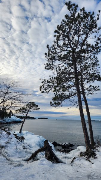 A snowy coast looking out to a lake
