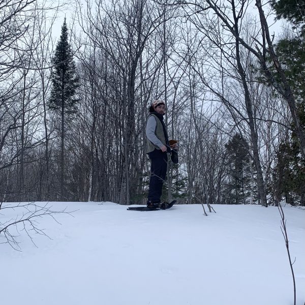 A person snowshoeing in a snowy forest