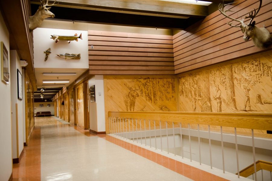 Hallway in the UJ Noblet Building with carvings in the wood walls and animal specimens.