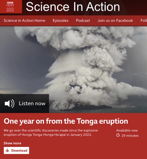 BBC Science in Action Tonga eruption podcast interface.