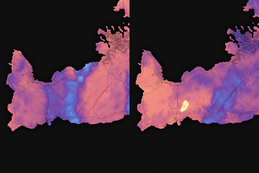Pair of color maps of the peninsula, with a bright region in the right map.
