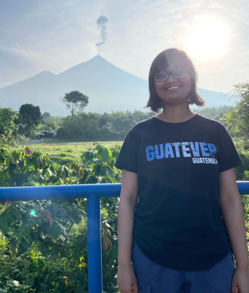 Dr. Sananda Ray stands at Volcán de Fuego in Guatemala during summer 2022, participating in fieldwork with a team led by Dr. Greg Waite and Dr. Gustavo Bejar Lopez.