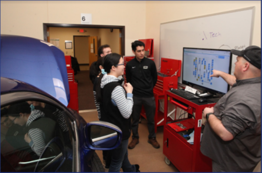 Michigan Tech university students standing up and learning in one of the automotive labs at Stellantis.