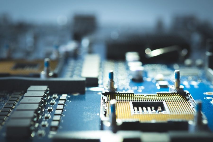 Close-up of a circuit board, one of the products that require semiconductors.