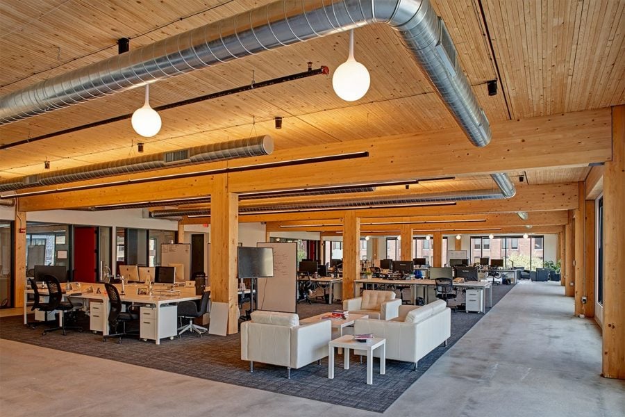 Interior of an open-office setting in a mass timber building.