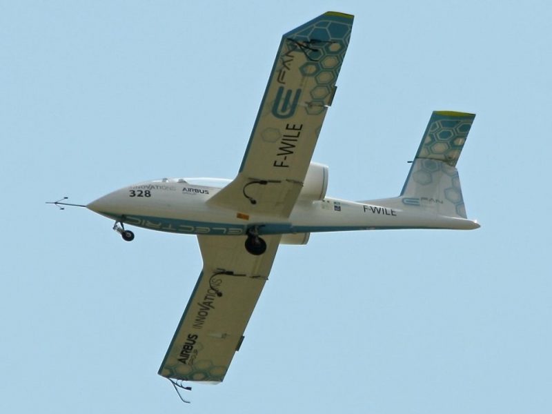 Close up of a hybrid-electric plane by the company Airbus. Planes are also electric vehicles.
