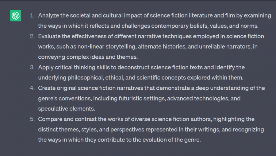 Five Science Fiction course learning goals generated by ChatGPT.