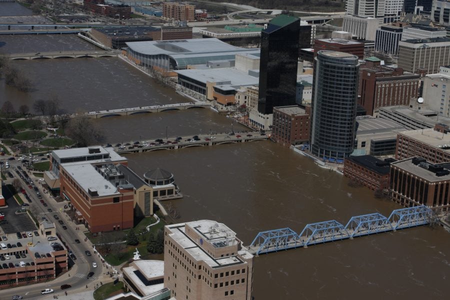 Aerial view of the Grand Rapids river as it crested during the flood event.