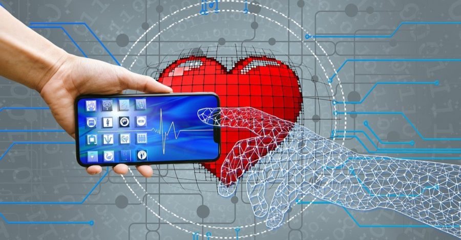A cellphone against an image of a heart and a robotic hand, meant to suggest the connectedness of artificial intelligence in healthcare.