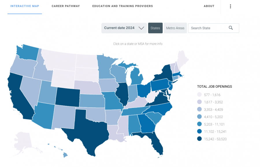 Interactive heatmap from cyberseek that provides information on cybersecurity jobs in the US.