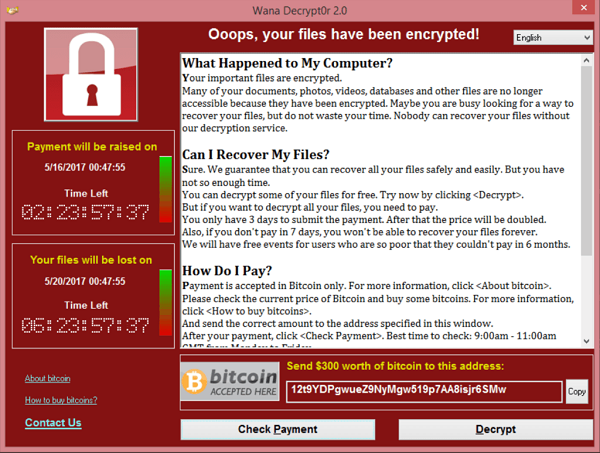 Screenshot of the 2017 WannaCry Ransomware attack.