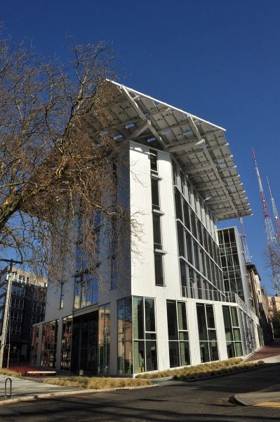 Side view of the Net-zero Bullitt Center in Seattle, Washington