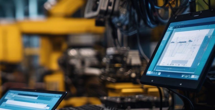 A computer and a laptop in a factory setting.