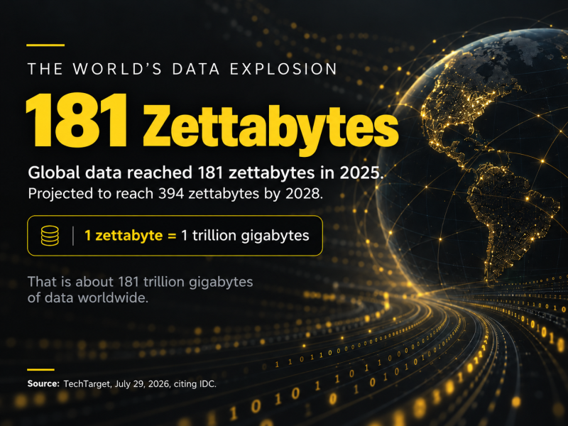 Dark infographic titled “The World’s Data Explosion” showing a glowing digital globe on the right and gold data streams across the bottom. Large yellow text reads “181 Zettabytes.” Supporting text says global data reached 181 zettabytes in 2025 and is projected to reach 394 zettabytes by 2028, and notes that 1 zettabyte equals 1 trillion gigabytes. Source listed as TechTarget, July 29, 2026, citing IDC.  This amount of data opens up several careers for math majors.
