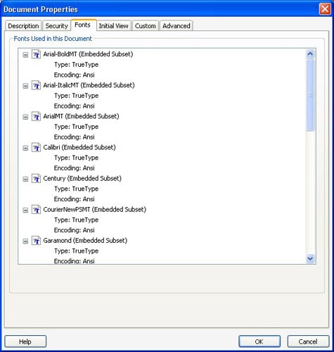 The fonts tab on the Document Properties dialog box.