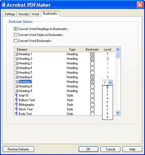 bookmark table of contents in adobe