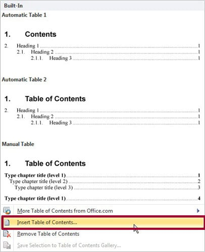 add manual table of contents word