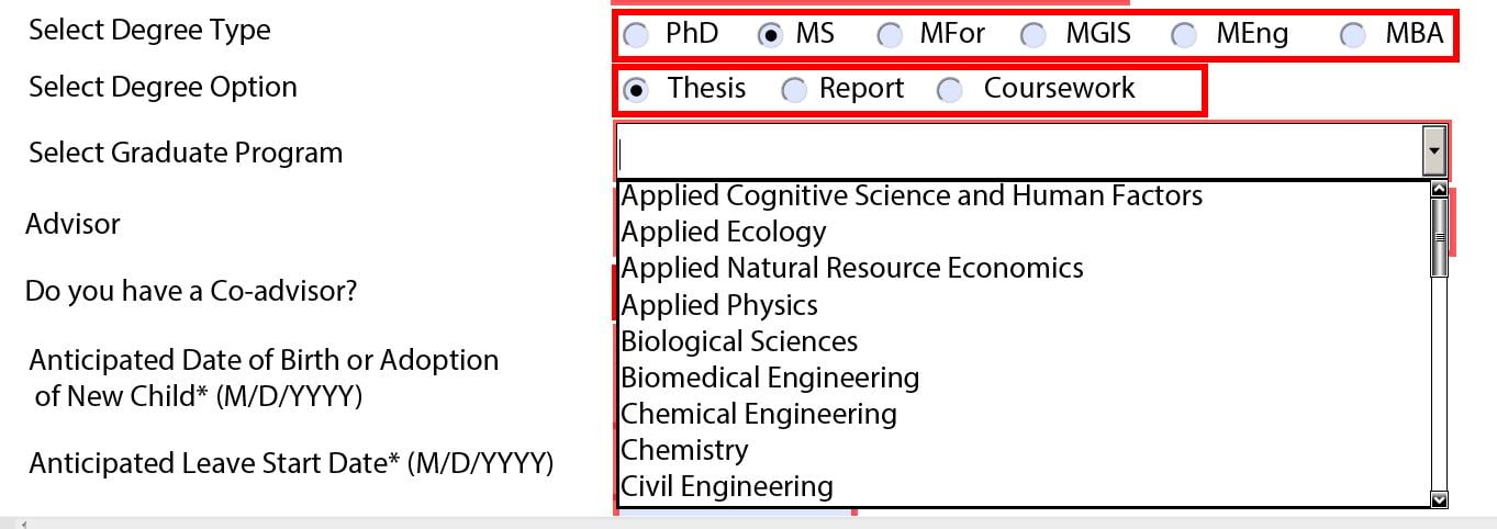 Degree options and graduate program for MS students. All students should use the dropdown menu to select their program. If your program is not listed, double check your degree option.