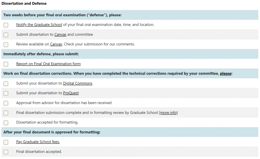 A screenshot of a sample list of items for a student to complete a dissertation and defense. Click on "Notify the Graduate School" to open the defense notification portlet.