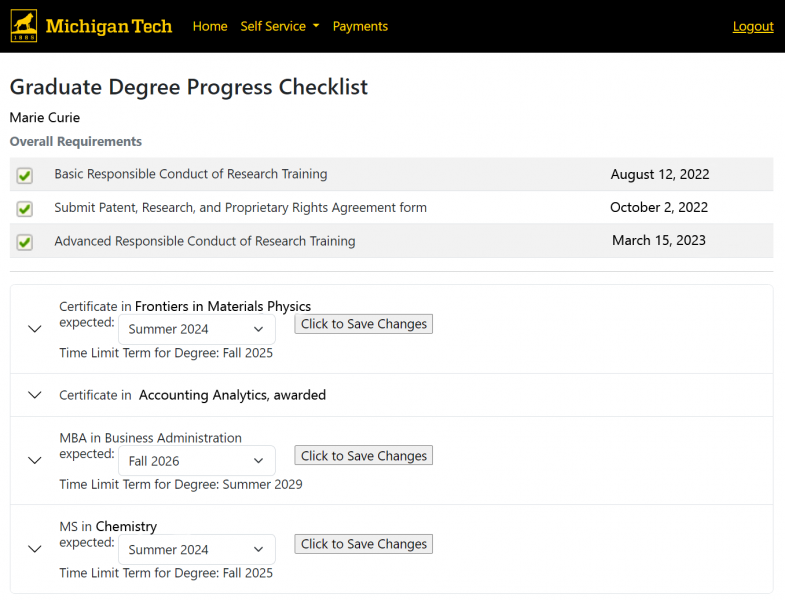 A screenshot of the degree progress checklist showing the list of degrees available for this student.