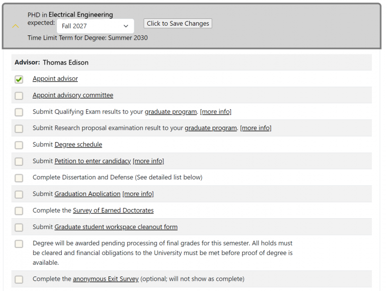 A screenshot of the Degree Progress Checklist showing a detailed list of tasks to complete for a PhD degree.
