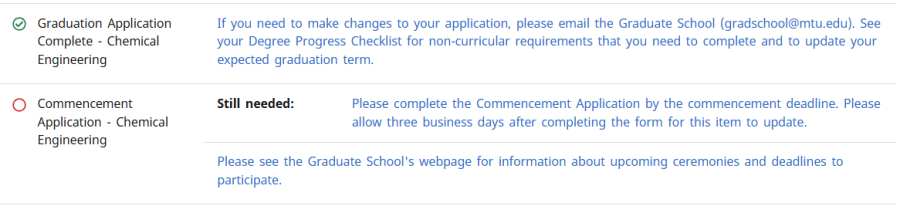 a screenshot of the commencement application section