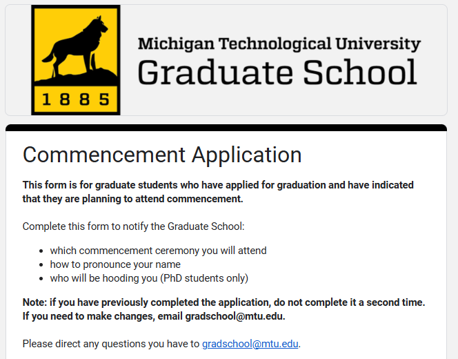 a screenshot of the commencement application form heading
