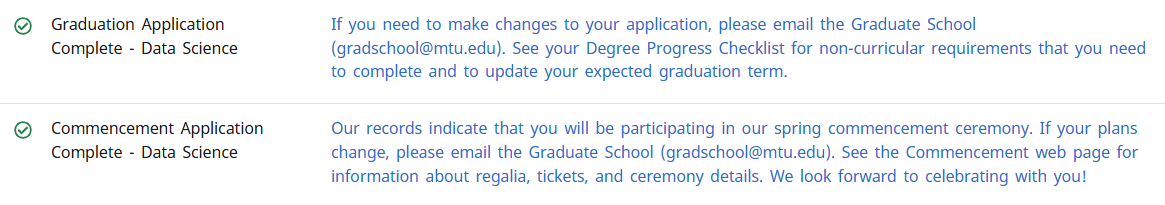 a screenshot of commencement application section when checked as completed