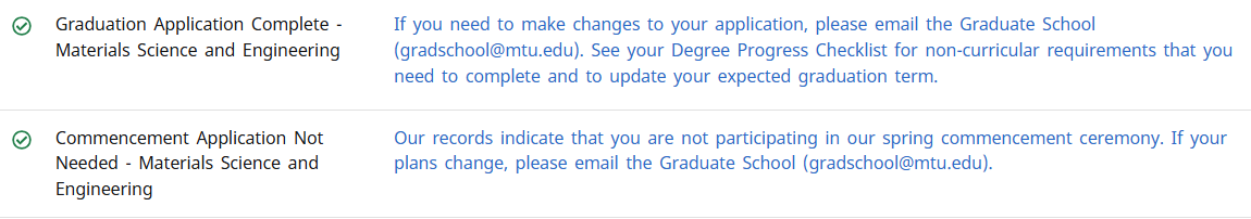 a screenshot of commencement application section when checked as completed and indicating non-attendance
