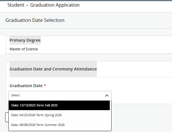 screenshot of Student Graduation Application Section