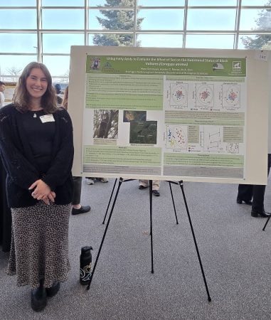 student standing next to their undergraduate research poster