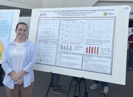 student standing next to their undergraduate research poster
