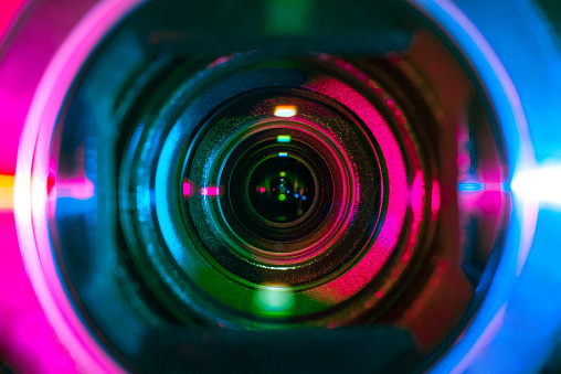 Video camera lens lit by different color light sources