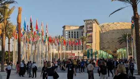 COP28 exposition entrance lined with flags and crowds of attendees