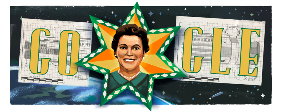 A Google Doodle illustration shows Ross in a green dress and pearls smiling at the center of a seven pointed orange, yellow, green, and white star.