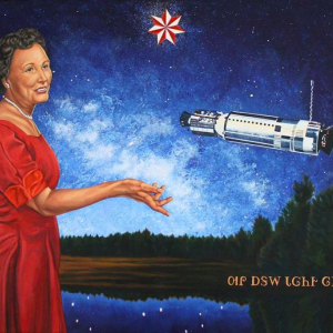 A painting depicting Ross wearing a red dress and pearls in front of a lake reflecting the starry sky above and pine trees