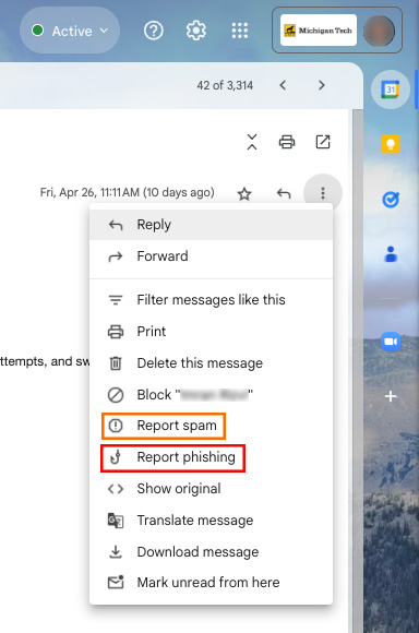 Gmail dropdown menu showing Report Spam and Report Phishing highlighted as separate functions