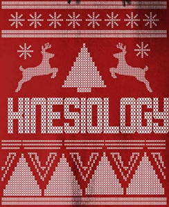 Front of holiday knitted sweater that says "Kinesiology"