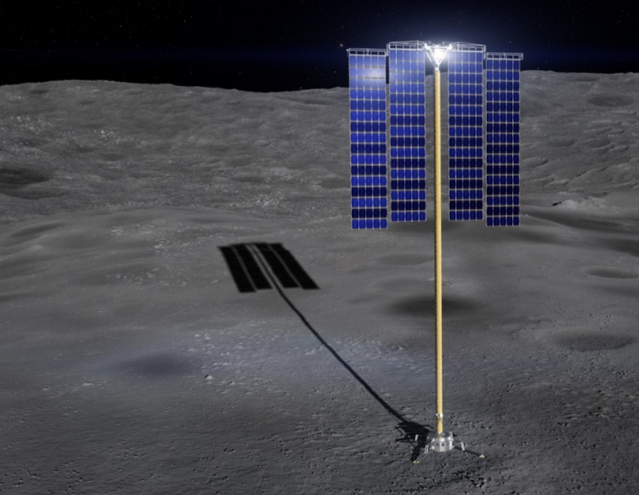 Lunar Array Mast and Power System on a simulated lunar surface.