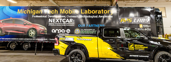 Mobile lab truck and Michigan Tech pickup truck.