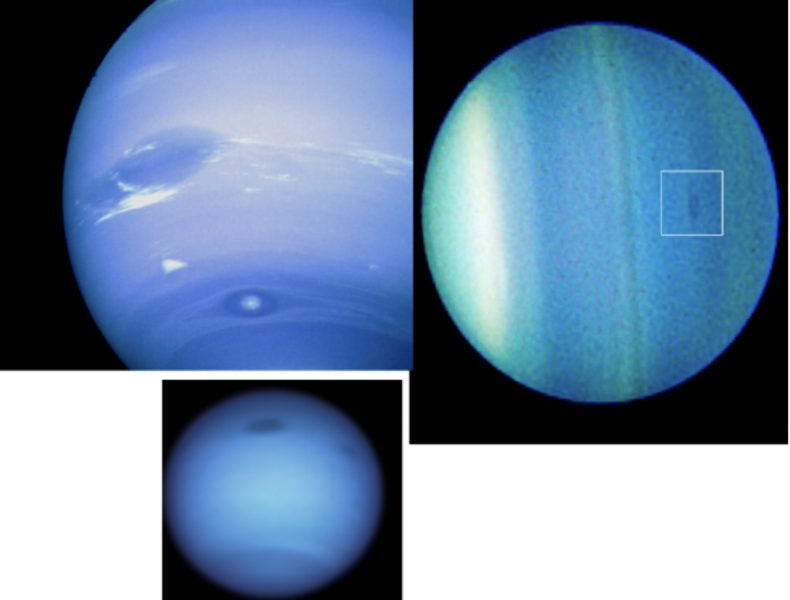 Composite of three images of the surface of Nepture, with one feature boxed.