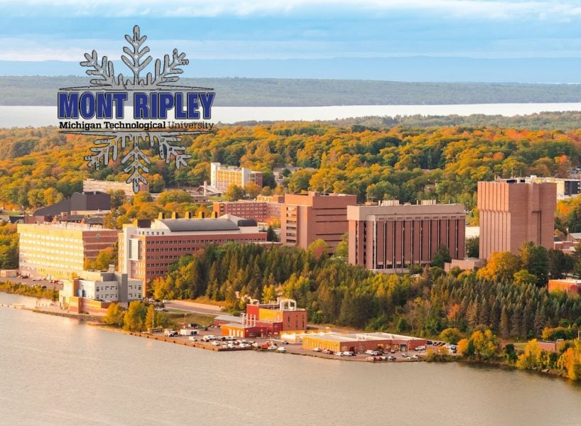 view of Michigan Tech campus with fall colors and Mont Ripley logo