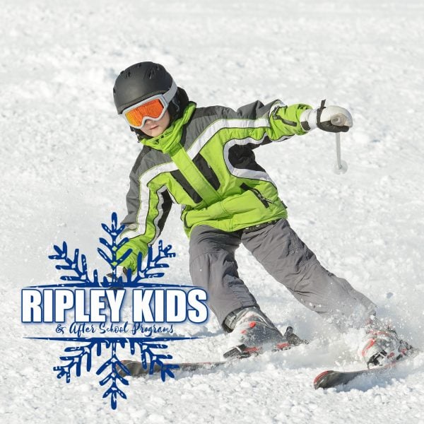 kid skiing and the ripley kids logo