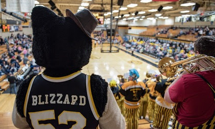 Purchase a Huskies Gift Card - Blizzard T Husky standing with the Pep Band during an athletic event in the varsity gym
