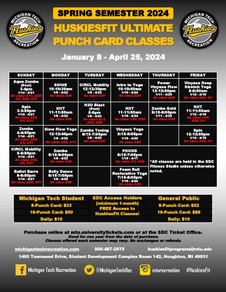 Spring Semester 2024 HuskiesFit Ultimate Punch Card Classes
January 8 - April 25, 2024