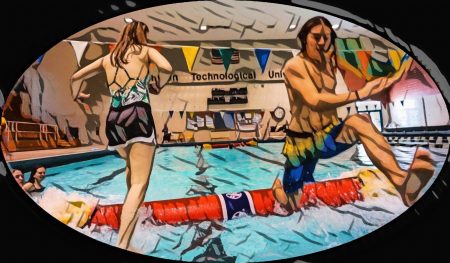 mosaic image showing two people log rolling in the SDC pool