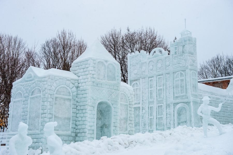 large snow sculpture of building
