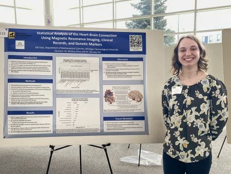 Aili Toyli poses next to a research presentation poster board titled “Statistical Analysis of the Heart-Brain Connection Using Magnetic Resonance Imaging, Clinical Records, and Genetic Markers,” her 2024-25 URIP project.