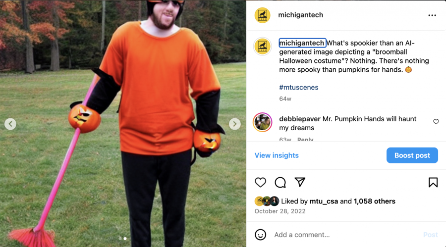 A man created with generative AI tool DALL•E stands wearing an orange shirt, pumpkins for hands and is holding a pink broomstick. The social media caption for the image states, "What's spookier than an AI-generated image depicting a 'broomball Halloween costume'? Nothing. There's nothing more spooky than pumpkins for hands." 